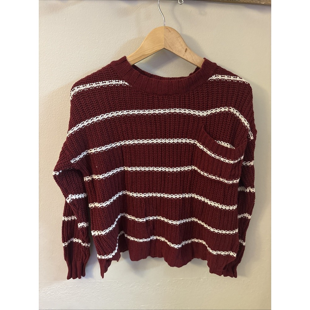 American Eagle Red & White Stripe Crew Neck Cable Knit Sweater Size XS